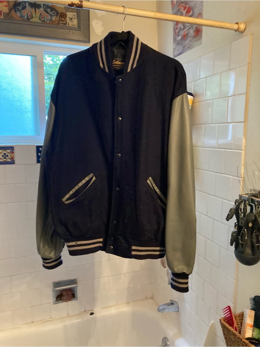Vintage Navy/Grey varsity wool/leather jacket. Made in Portland by Settlemeier's